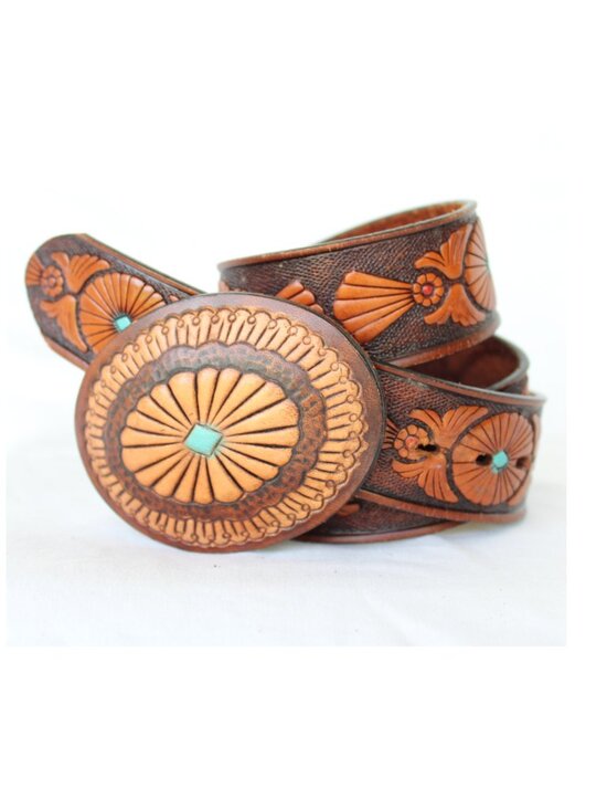 Vintage Hand Made USA tooled lesther western belt & buckle western cowboy 36/ S - Picture 2 of 7